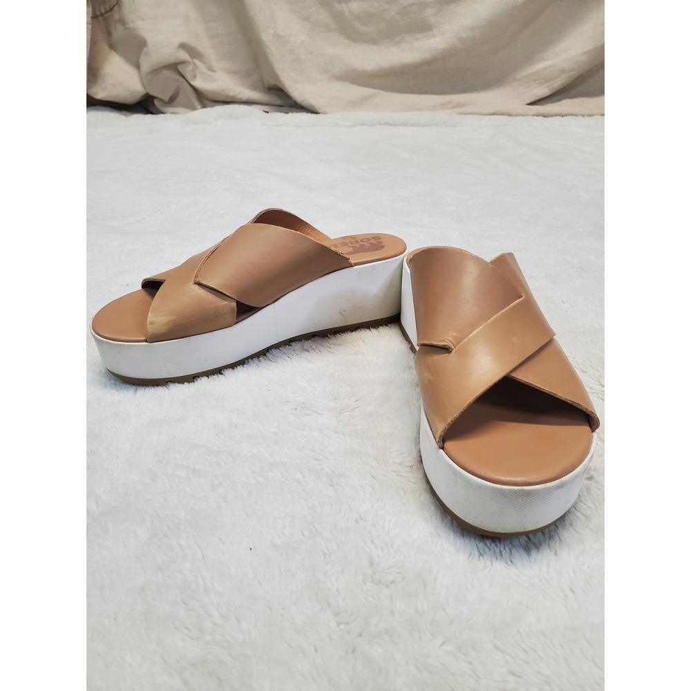 Sorel Tan Leather Crossband Platform Mule Slide Sandal 7 Minimalist Casual Boho